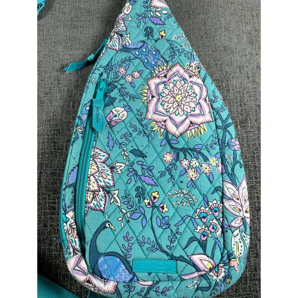 Vera Bradley Teal Peacock Floral Quilted Cotton Sling Backpack Crossbody Bag